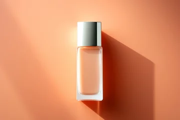 Papier Peint photo Pantone 2024 Peach Fuzz Bottle mockup on a backdrop in trendy Peach Fuzz color. Background with selective focus and copy space