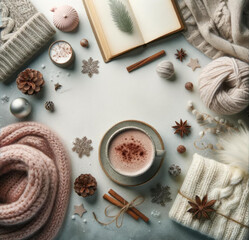 Obraz na płótnie Canvas Relaxing Winter Scene Flatlay with Hot Chocolate, Knitted Scarf, and Book, Ideal for Cozy Seasonal Marketing with Spacious Copy Space