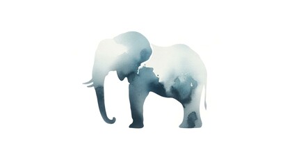 Serene Minimalist Elephant Silhouette in Watercolor: Light Blues and Grays, Simple Yet Elegant Design on White