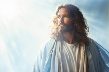 Jesus Christ in the rays of divine light. Background with selective focus and copy space