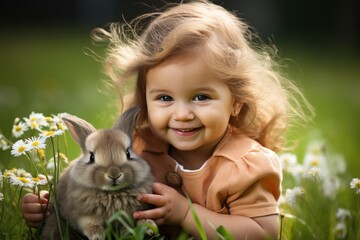 Happy child celebrates Easter. Background with selective focus and copy space