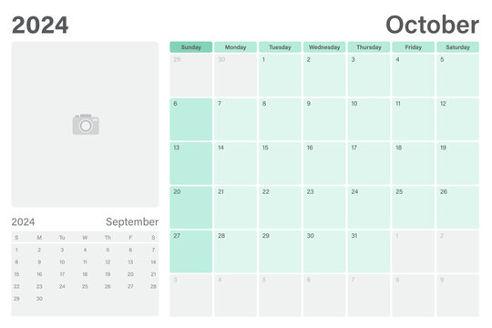 October 2024 table calendar or desk planner with space for your picture, vector design, weeks start on Sunday