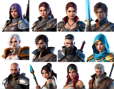 RPG Characters Icons Game Assets Reference Images on a white background. 4K Generative AI
