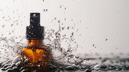 Glass bottle of massage oil with spray, transparent bottle falls into the water with a splash of water.