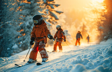 Children delight in the ski resort, capturing the magic of winter holidays and the excitement of winter sports, as soft snow gently falls from the sky.