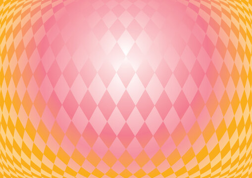 ピンクと黄色のグラデーションの球状に歪んだダイヤ柄の背景