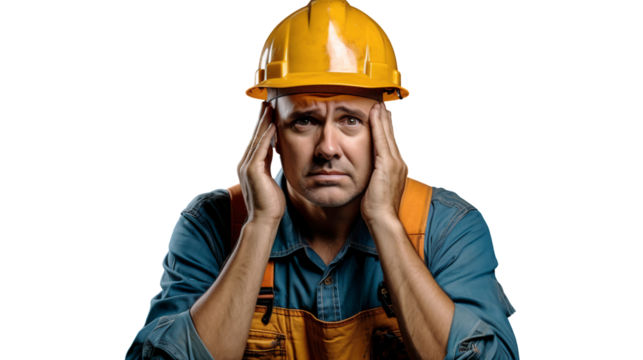 Engineer or construction worker feeling stressed and tired, isolated on transparent background
