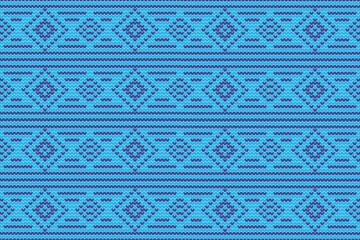 Knitted seamless pattern tribal style.Abstract geometric square embroidery crochet blue color background.Vector illustration. Design for decorating, wallpaper, wrapping paper, fabric, backdrop etc.