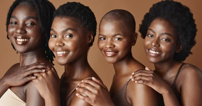 Face, skincare and smile with black woman friends in studio on a brown background for natural wellness. Portrait, beauty and happy with a group of people together in support of antiaging treatment