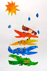 お天気、太陽、雨の下にいるワニと猫の水彩、カラフル、イラスト