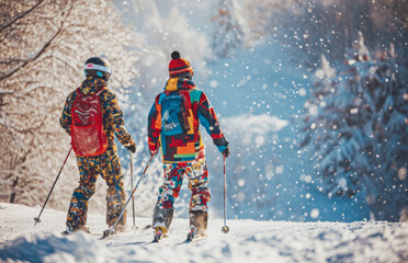 Two individuals on skis, enjoying a weekend at the ski resort, capturing the essence of winter holidays and the excitement of winter sports, as soft snow gently falls from the sky.