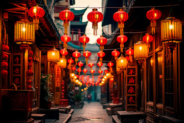 Obraz premium Traditional lanterns gracefully hanging across an ancient Chinese street, creating a captivating and atmospheric scene.