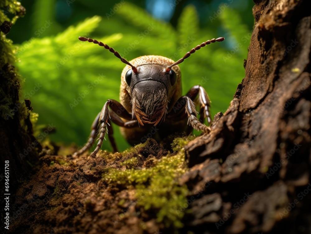 Poster A beetle is sitting on a tree trunk. Generative AI.