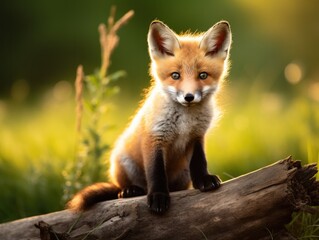 A young fox sitting on a log in the grass. Generative AI.