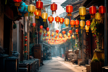 Traditional lanterns gracefully hanging across an ancient Chinese street, creating a captivating...