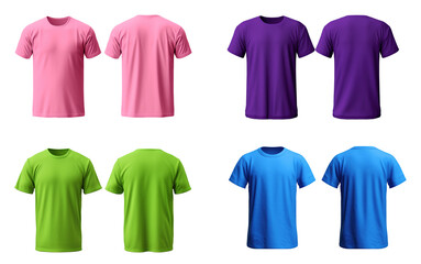 Set of blank T-shirt template, Pink, Purple, Green, light blue,  from front and back two sides, natural shape on invisible mannequin, for your design mockup for print, isolated on white background