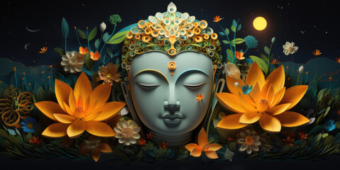 Glowing golden buddha face with heaven light, decorated with flowers