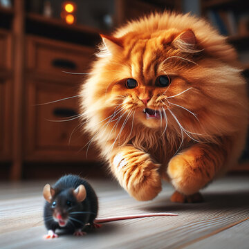 an orange-furred cat chasing a mouse with an angry face