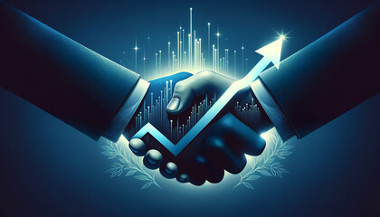 Abstract business agreement handshake with a rising arrow showing growth - obrazy, fototapety, plakaty