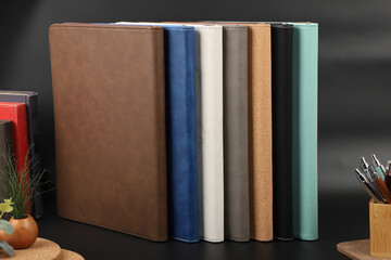 Leather Zipper Portfolio. Concept shot, top view, flap portfolio in different colors and leather...