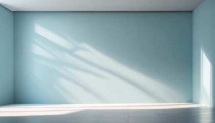 Minimalist Interior Design: Empty Room with Light Blue Walls, Sunlight Casting Shadows through Open Door on Polished Floor For Product Presentation