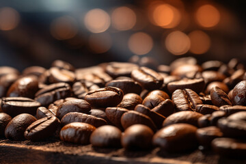 Capture the essence of a cafe with a close-up view of aromatic coffee beans. Showcase the rich textures and details, emphasizing the raw beauty of coffee with blur background. 