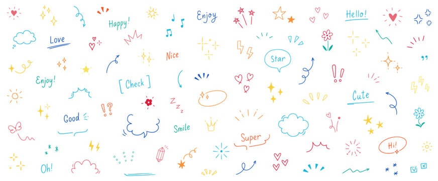 Doodle cute star, heart, arrow pen line color elements. Doodle heart, emphasis, star, sparkle decoration symbol set icon. Simple sketch line style text decoration elements. Vector illustration