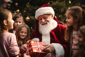 Fototapeta na wymiar Santa Claus giving christmas gift to children in the city with comeliness