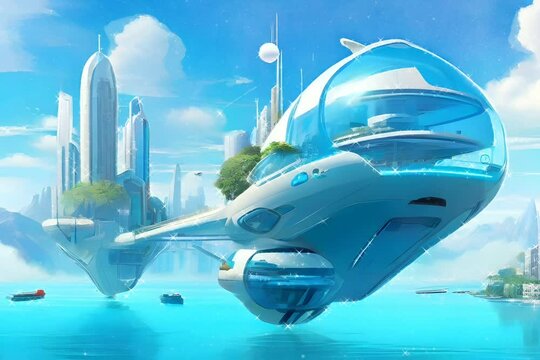 The futuristic cityscape with an aircraft. Beautiful blue lake. DIgital Painting Illustration Style. Time Lapse Animation Video Background