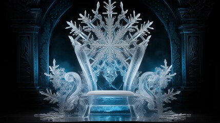 A throne of ice decorated with large and intricate snowflakes.