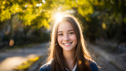 Obraz premium Campus Radiance: Capture the carefree spirit of an American college student in this portrait. Her infectious smile lights up the garden, bathed in the warm hues of sunset