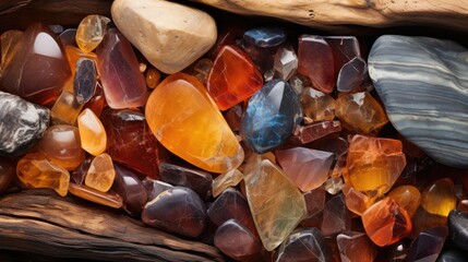 Rough tree bark and polished gemstones come together in a textured display of the strength and beauty found in overcoming obstacles in a relationship.