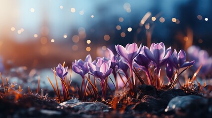 Crocus spring flower Growth In The Snow. Beautiful Floral wide panorama. Purple Crocus Iridaceae. Closeup of purple crocus flowers. - obrazy, fototapety, plakaty