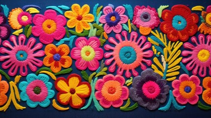 An embroidered wall hanging, with slightly uneven stitches but bursting with color and unique designs. - obrazy, fototapety, plakaty