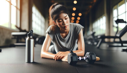 Post-exercise relaxation with a woman on the gym floor, a dumbbell and water bottle nearby, capturing a moment of rest in a workout routine.