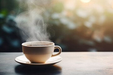 A close-up view of a steaming cup of tea or cafe. Use a high angle to capture the rising steam and experiment with a soft focus for a serene mood. Blur the background to maintain a minimalist concept. - obrazy, fototapety, plakaty