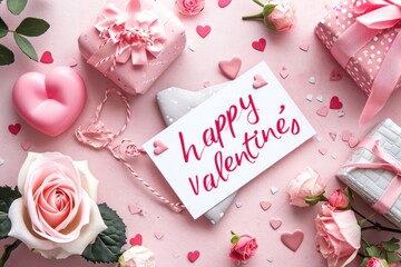 Happy valentine's day event card that say "happy valentine's day" cute and pink style. Generative AI.