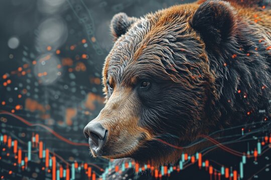 Bear, Stock market top of stock market graph. Generative AI.