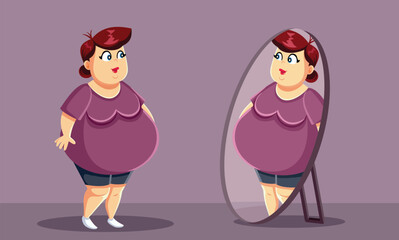 Body Positive Woman Feeling Good About Her Weight Vector Illustration. Curvy model looking in the mirror with self-love and acceptance 
