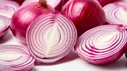 Close-up of sliced red onions on a white background.