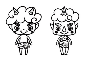 赤鬼と青鬼_手描きのイラスト_モノクロ
