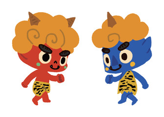 ご機嫌な赤鬼と青鬼_手描きのイラスト
