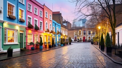 Small square with colorful residential houses in London during winter - obrazy, fototapety, plakaty