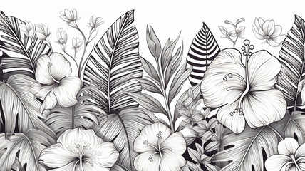Botanical seamless pattern black and white tropical decoration - obrazy, fototapety, plakaty