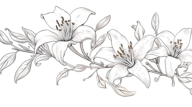 Hand drawn branches with lily isolated on background design