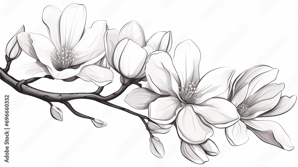 Wall mural Magnolia flower magnolia tree branch illustration