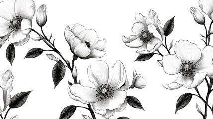 Rose hip blossom flowers seamless pattern. Sketch visual - obrazy, fototapety, plakaty