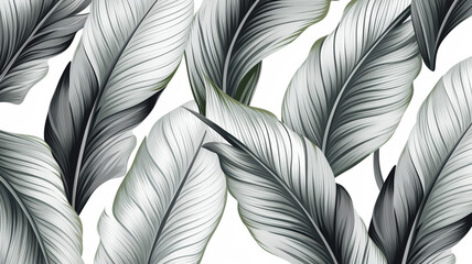 Seamless pattern of exotic white banana leaves print design - obrazy, fototapety, plakaty