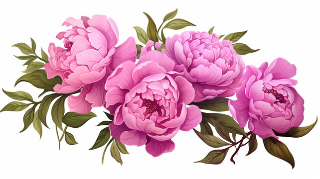 Set of luxury peonies flowers and logo. Trendy botanical elements. Hand drawn line leaves branches and blooming design