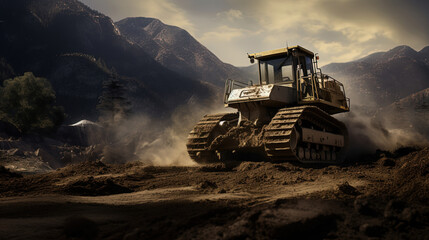 Bulldozer Sculpting the Earth, Transforming Forests into Mines, Shaping the Landscape with Dirt - obrazy, fototapety, plakaty